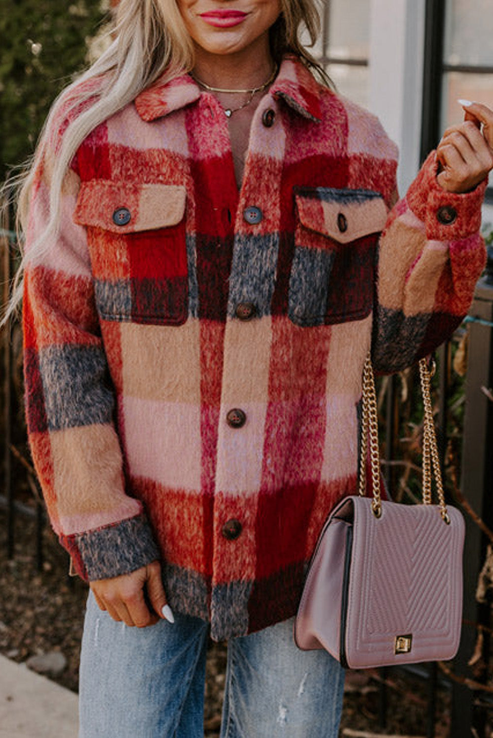 Orange Plaid Flap Pockets Buttoned Casual Plus Size Jacket Dear-Lover Dropshipping